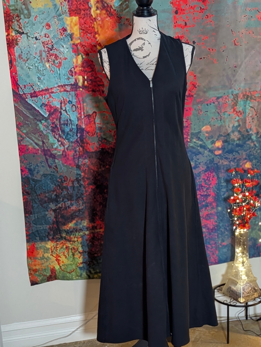 Women's COS ZIP-FRONT V-NECK MIDI DRESS (Black, S)
